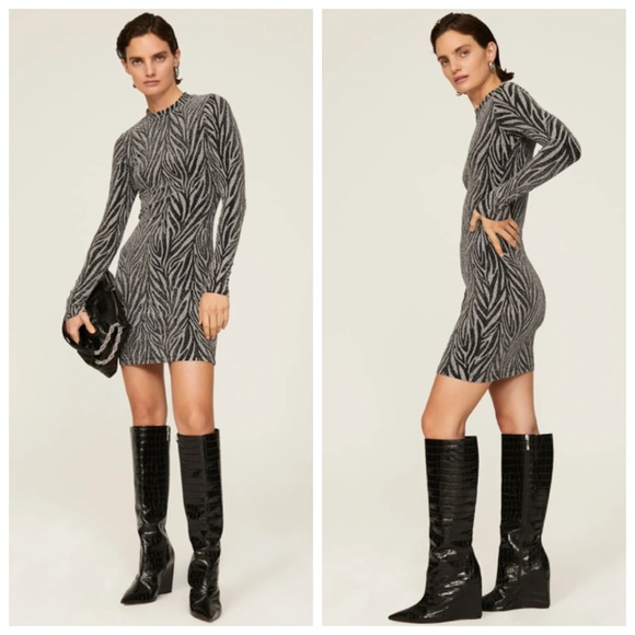 AllSaints Amaya Metallic Bodycon Dress Silver Zebra Women’s Size 8 Mini - Picture 1 of 13